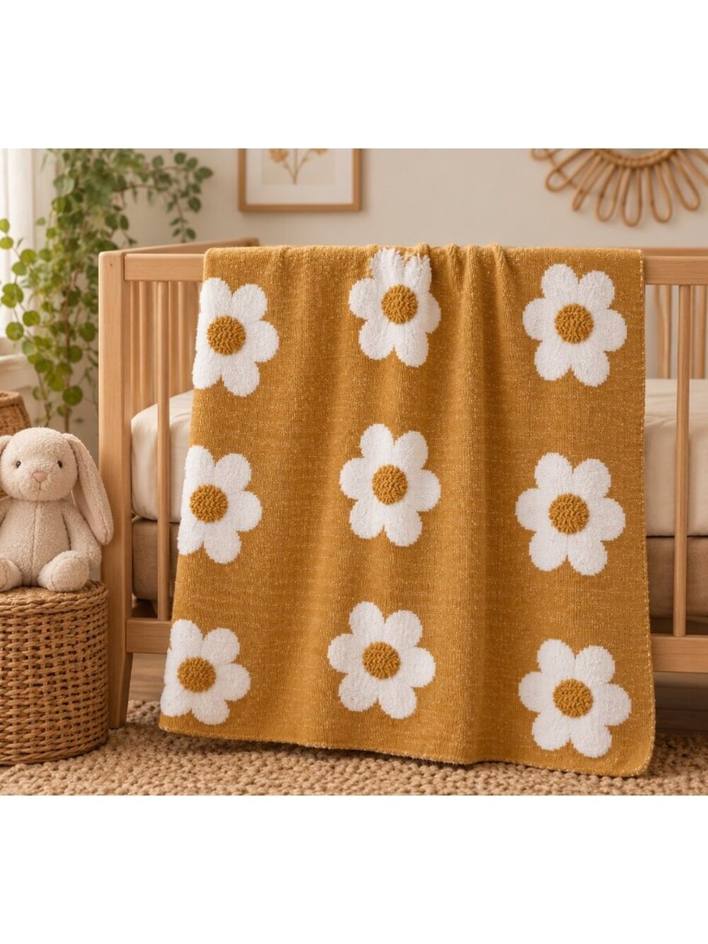 Creative Co-Op Baby Blanket Terracotta White Daisy Tufted 100% Cotton 44x35